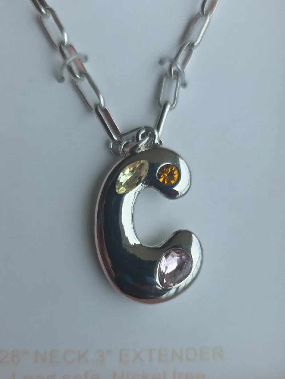 FunSteve Madden Silver 'C' Pendant Necklace w/ Amber Stone Accents